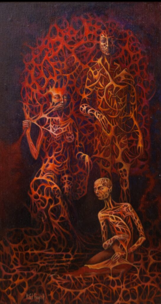 Título: “tres en rojo”
Técnica: óleo sobre tela, sobre tabla de caobilla
Medidas: 83.5 x 45.5 cm 
Autora: Itzeel Reyes