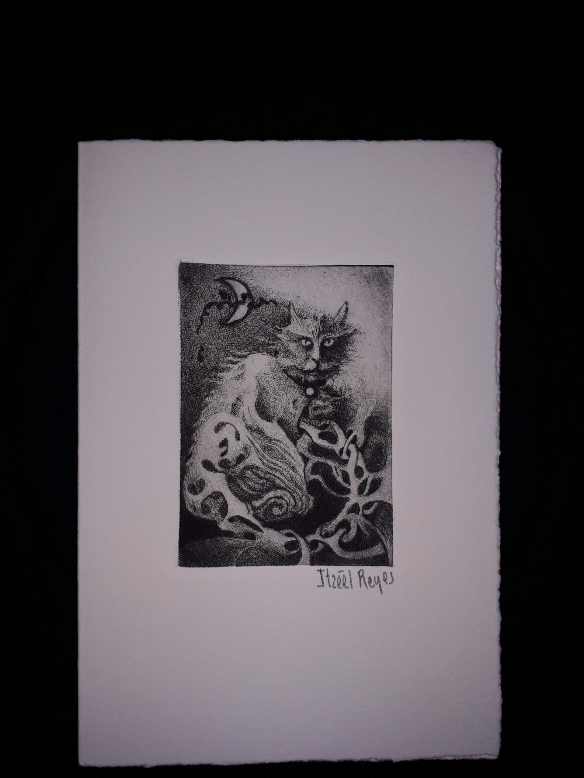 Título: “Gato y luna ”
Técnica: Punta seca
Medidas: 10 x 5 cm 
Autora: Itzeel Reyes