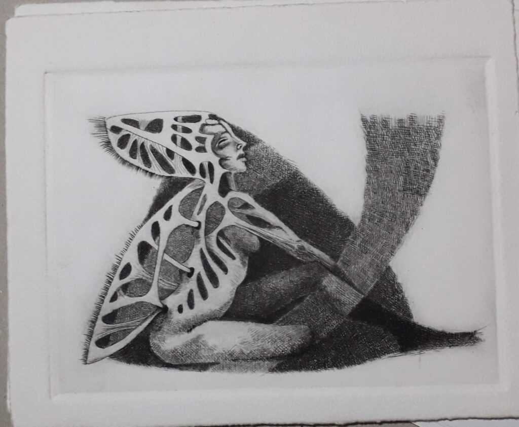 Título: “Mariposa ”
Técnica: Punta Seca
Medidas: 14 x 17  cm  
Autora: Itzeel Reyes
