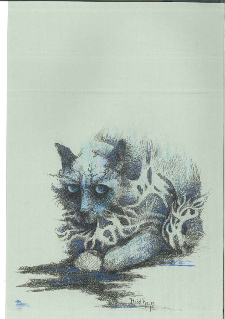 Título: “Gato azul 1 ”
Técnica: Mixta (tinta china lápices de colores)
Medidas: 30 x 25 cm 
Autora: Itzeel Reyes