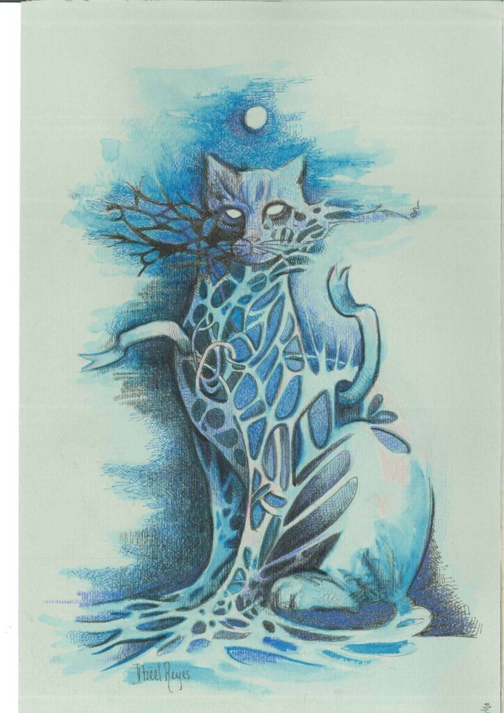 Título: “Gato azul 2 ”
Técnica: Mixta (tinta china, lápices de colores)
Medidas: 25 x 15 cm 
Autora: Itzeel Reyes
Colección Privada 