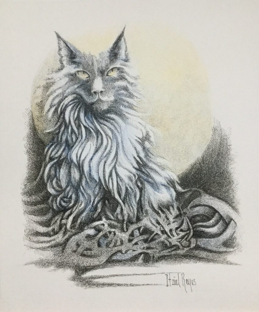 Título: “Gato y luna llena ”
Técnica: Mixta (tinta china, lápices de colores)
Medidas: 30 x 25 cm 
Autora: Itzeel Reyes