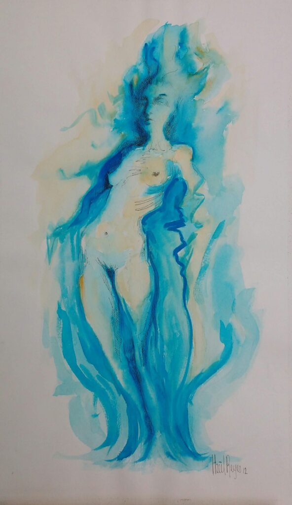 Título: “Mujer en Azules”
Técnica: Acuarela y tinta china
Medidas: 50 x 30 cm  
Autora: Itzeel Reyes
