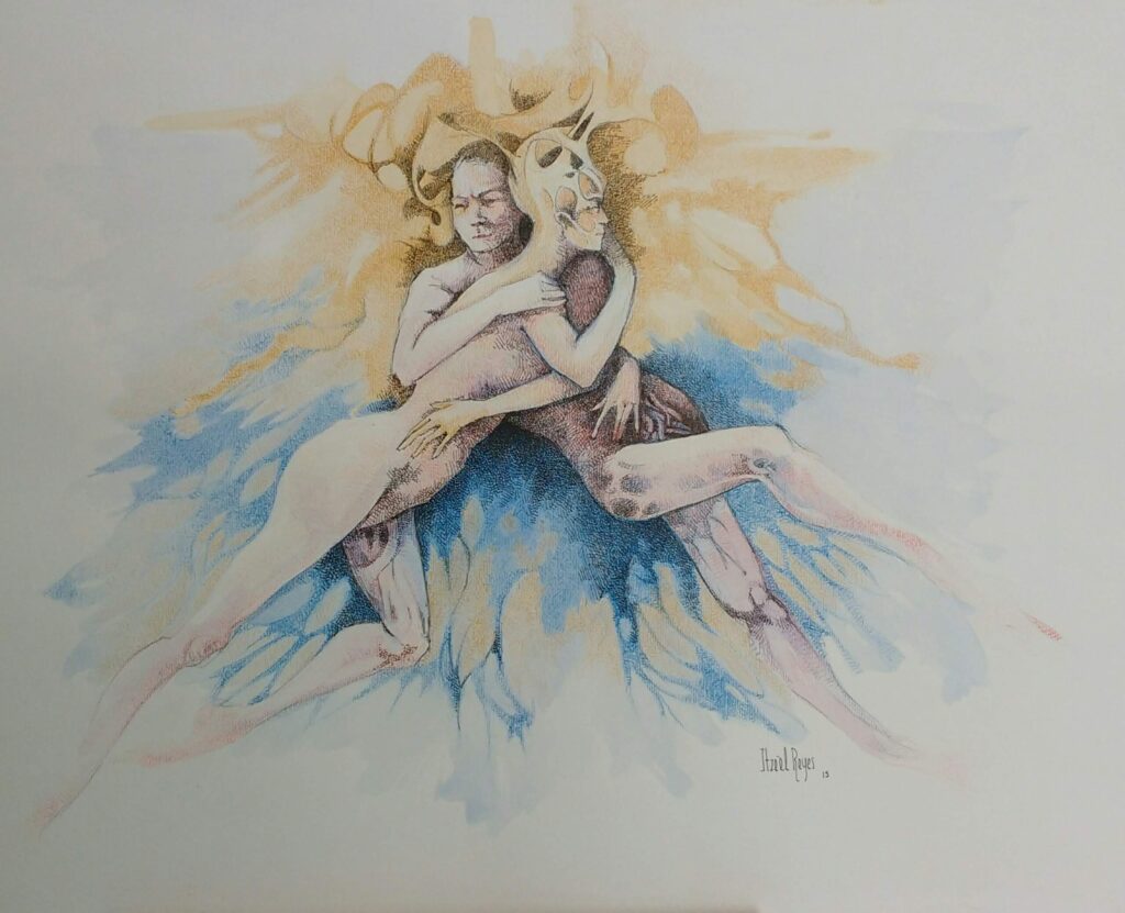 Título: “Abrazo en sepia y azul”
Técnica: MIxta (acuarela y tinta china)
Medidas: 40  x 50 cm  
Autora: Itzeel Reyes
