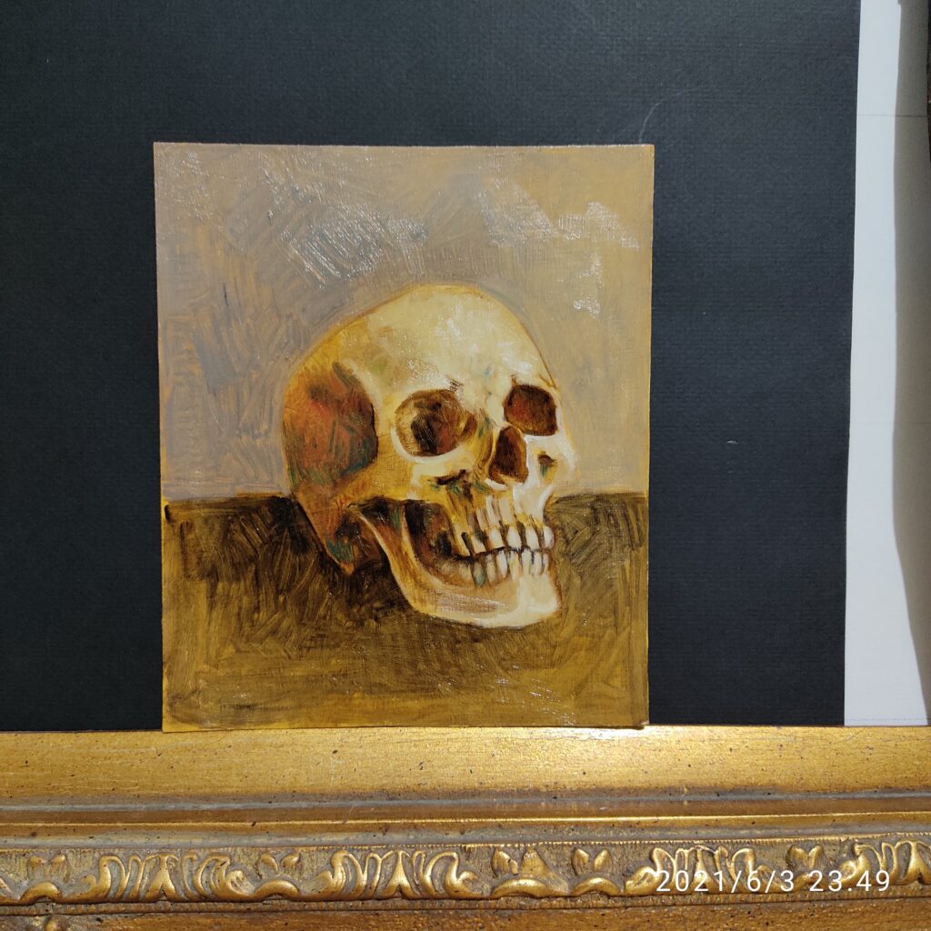 Título: “Cráneo ”
Técnica: Óleo sobre cartón
Medidas: 15 x 15 cm 
Autora: Itzeel Reyes