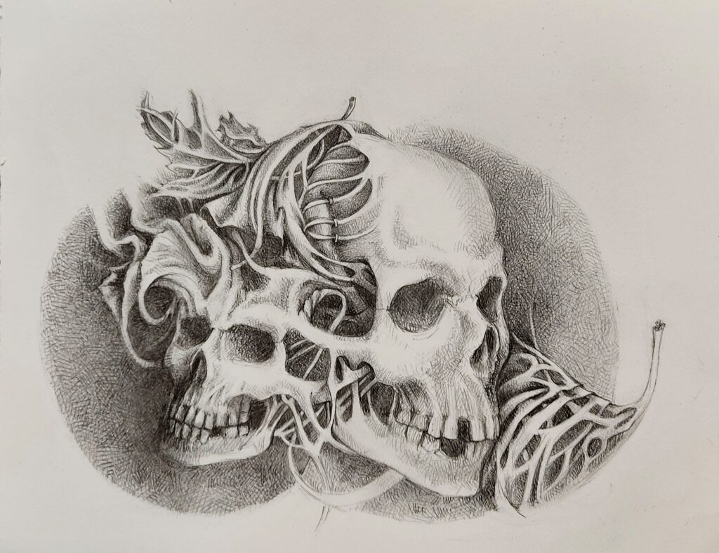 Título: “Cráneos y hojas ”
Técnica: Punta seca
Medidas: 20 x 30 cm 
Autora: Itzeel Reyes