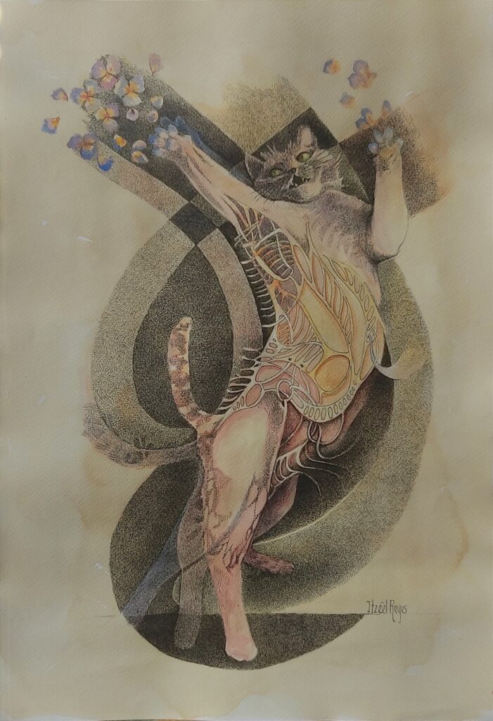 Título: “Gato saltando ”
Técnica: Mixta (tinta china, acuarela)
Medidas: 50 x 35 cm 
Autora: Itzeel Reyes